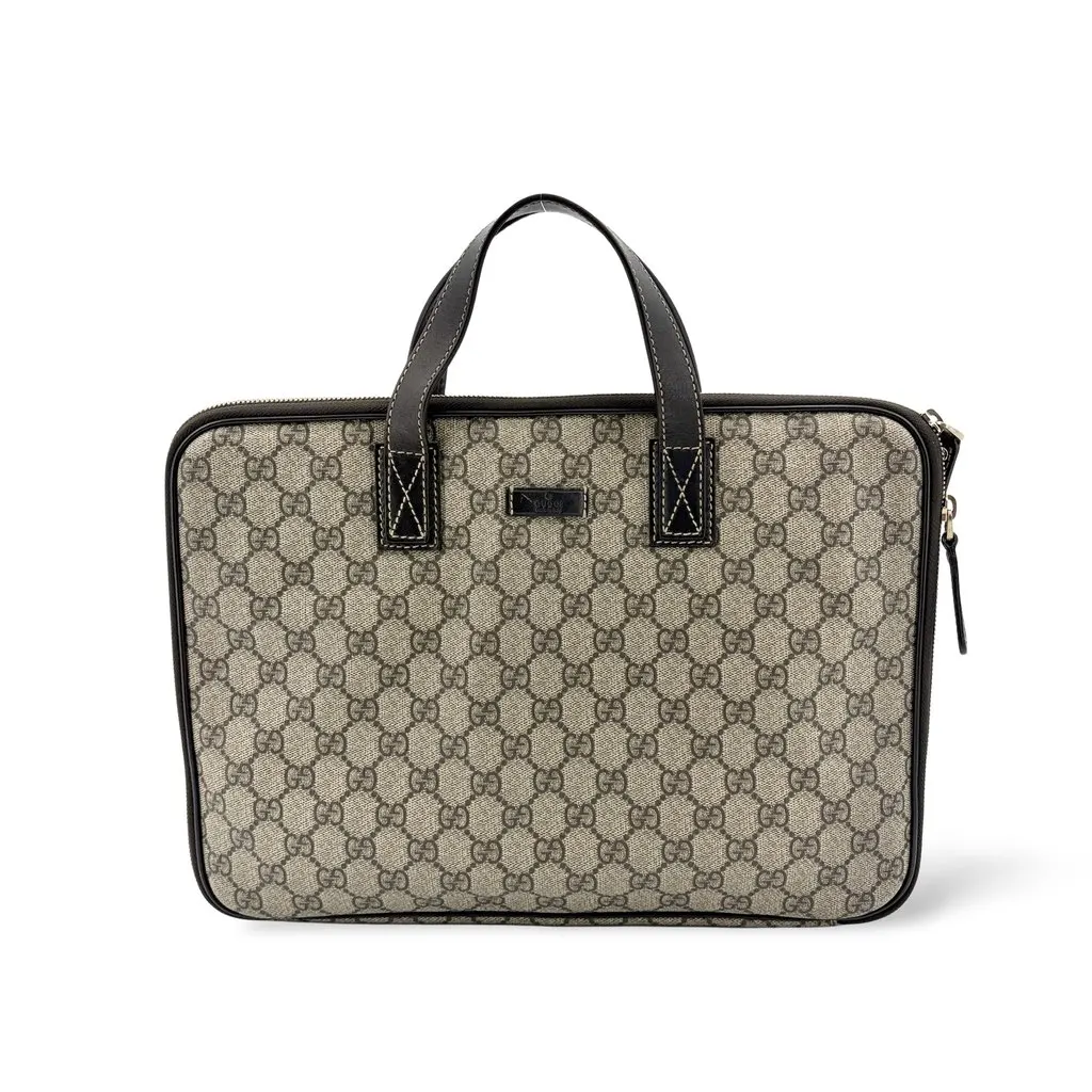 Gucci GG Supreme Canvas Briefcase Brown Beige Canvas Good - Front View