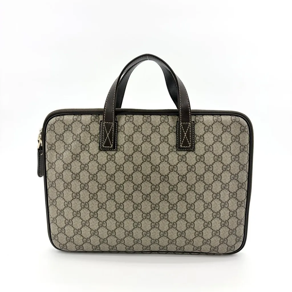 Gucci GG Supreme Canvas Briefcase Brown Beige Canvas Good - Back View