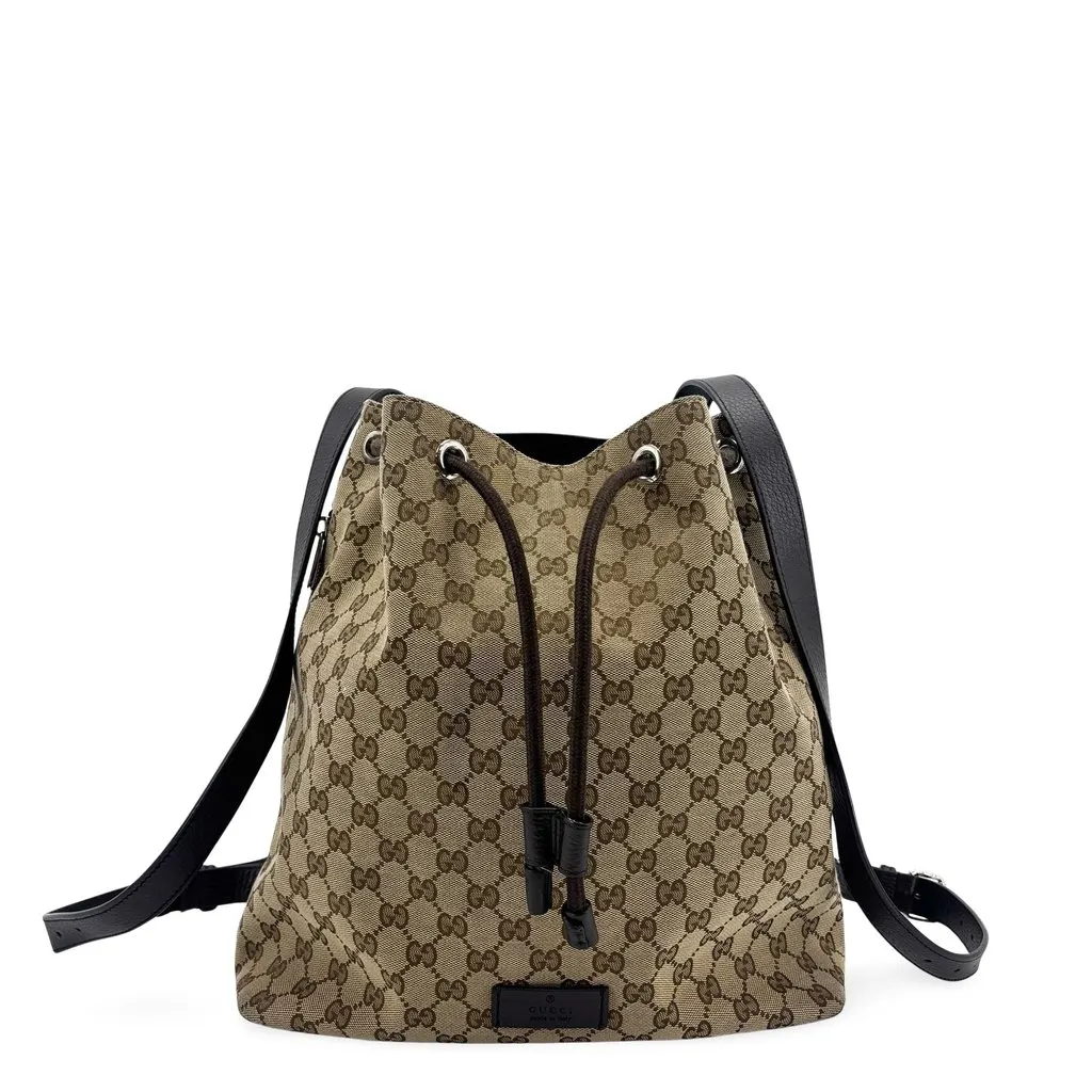 Gucci GG Canvas Drawstring Backpack Brown Black Beige Canvas Fair - Front View