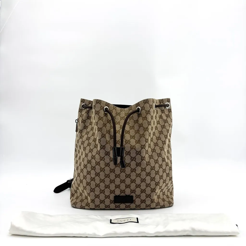 Gucci GG Canvas Drawstring Backpack Brown Black Beige Canvas Fair - Back View