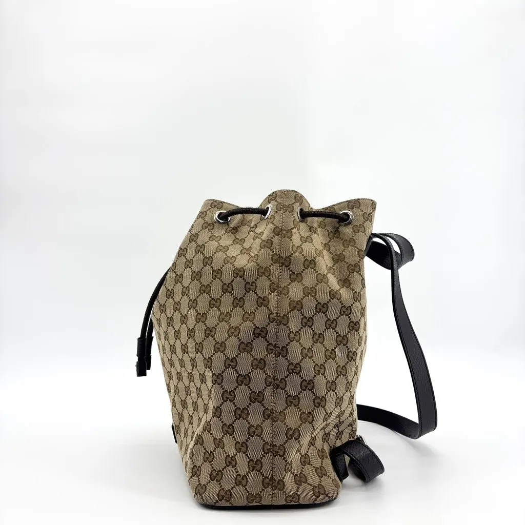 Gucci GG Canvas Drawstring Backpack Brown Black Beige Canvas Fair - Model View