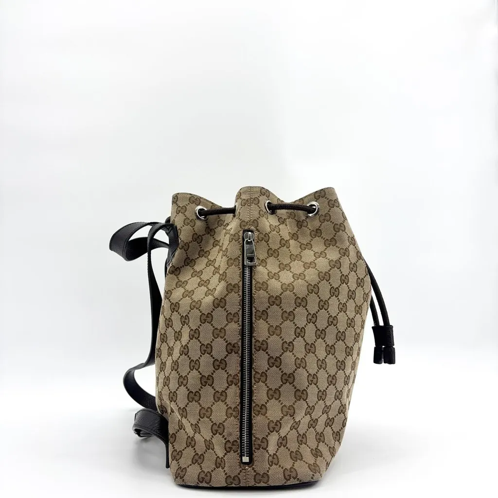 Gucci GG Canvas Drawstring Backpack Brown Black Beige Canvas Fair - Box View