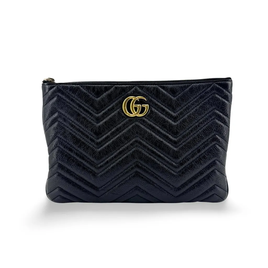 Gucci GG Marmont Matelasse Cosmetic Case Black Black Leather Good - Front View