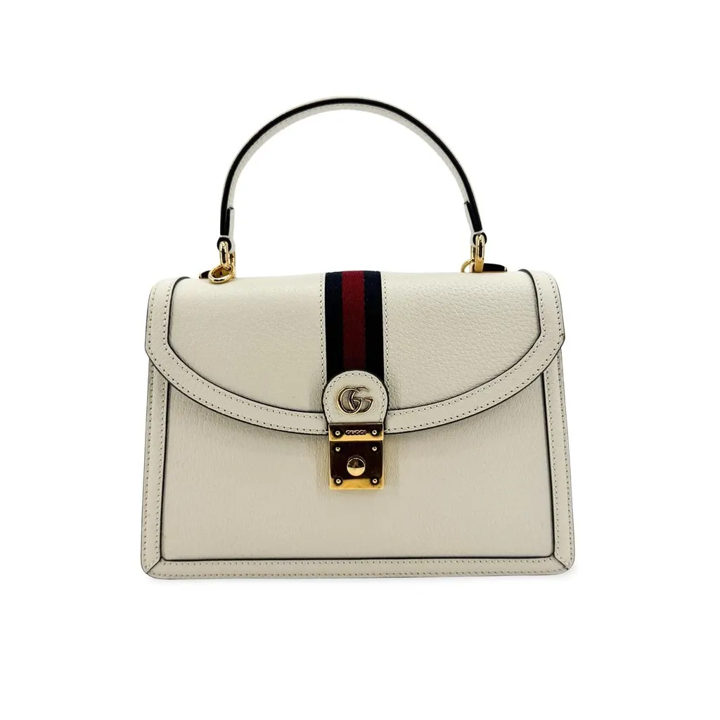 Gucci Ophidia Small Top Handle Bag White Gold Leather Good - Front View