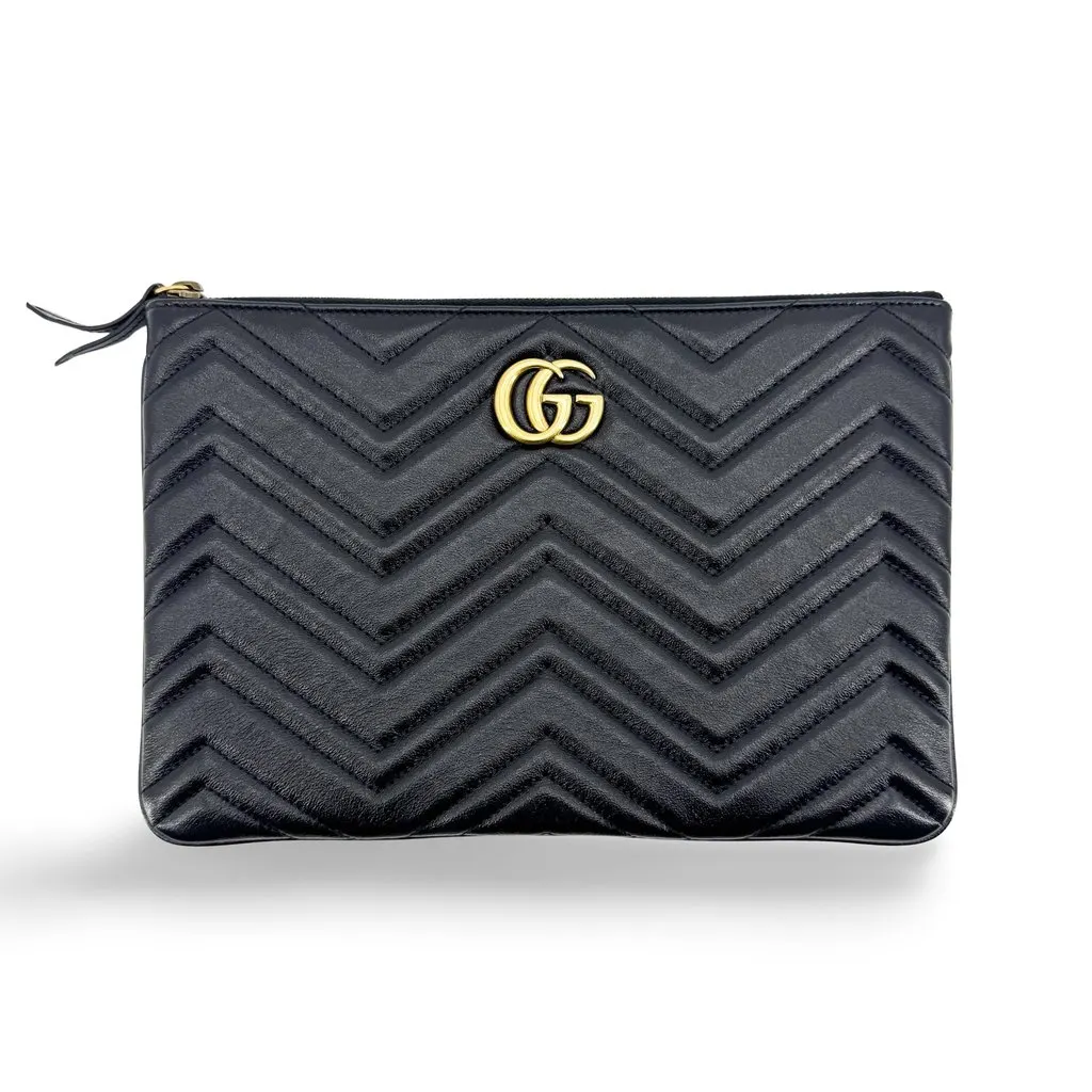 Gucci GG Marmont Matelasse Leather Pouch Black Black Leather Very good - Front View