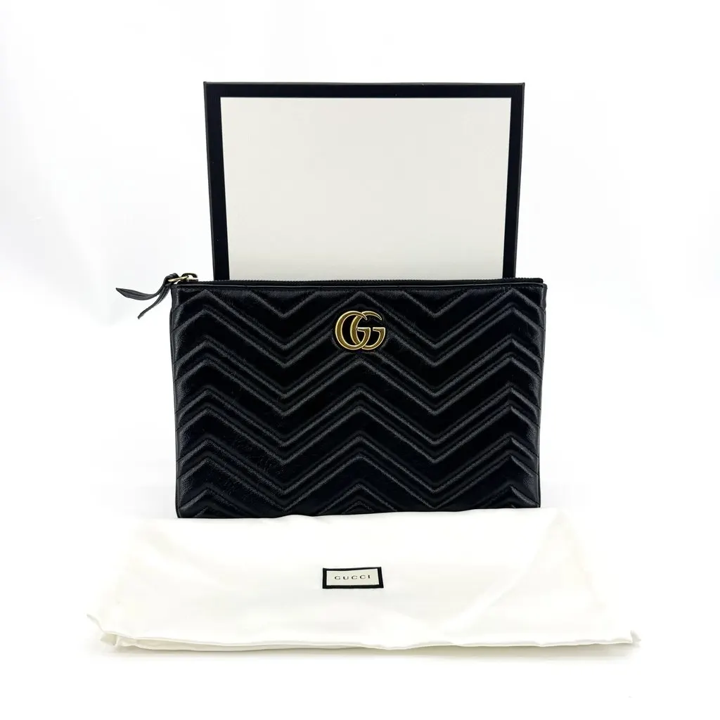 Gucci GG Marmont Matelasse Leather Pouch Black Black Leather Very good - Back View