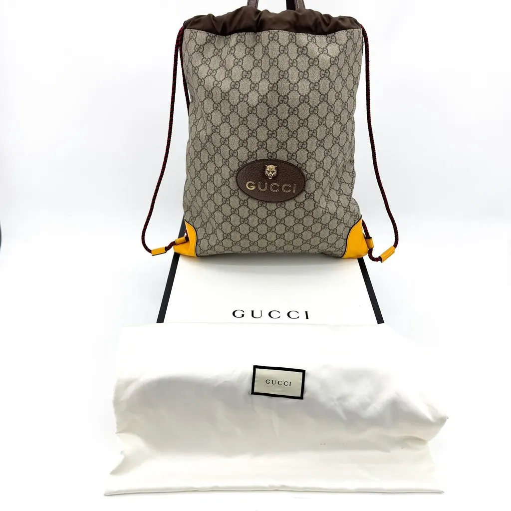 Gucci Neo Vintage GG Supreme Drawstring Backpack Beige Brown Yellow Beige Canvas Very good - Back View