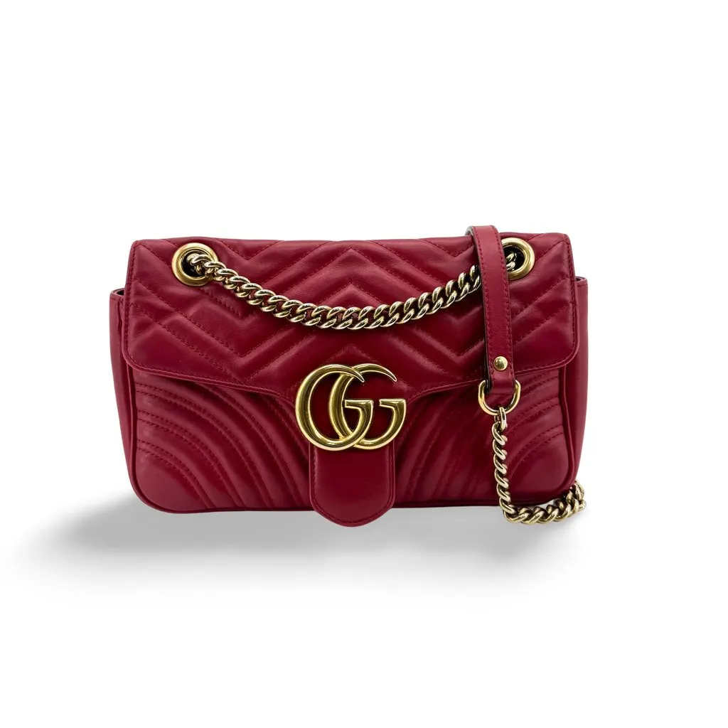 Gucci GG Marmont Mini Matelasse Shoulder Bag Red Gold Gold Leather Good - Front View