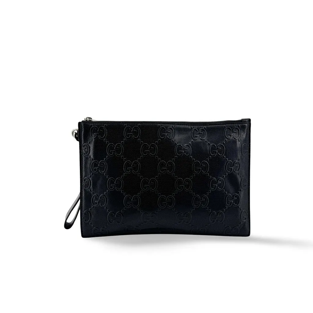 Gucci GG Embossed Pouch Black Black Leather Good - Front View