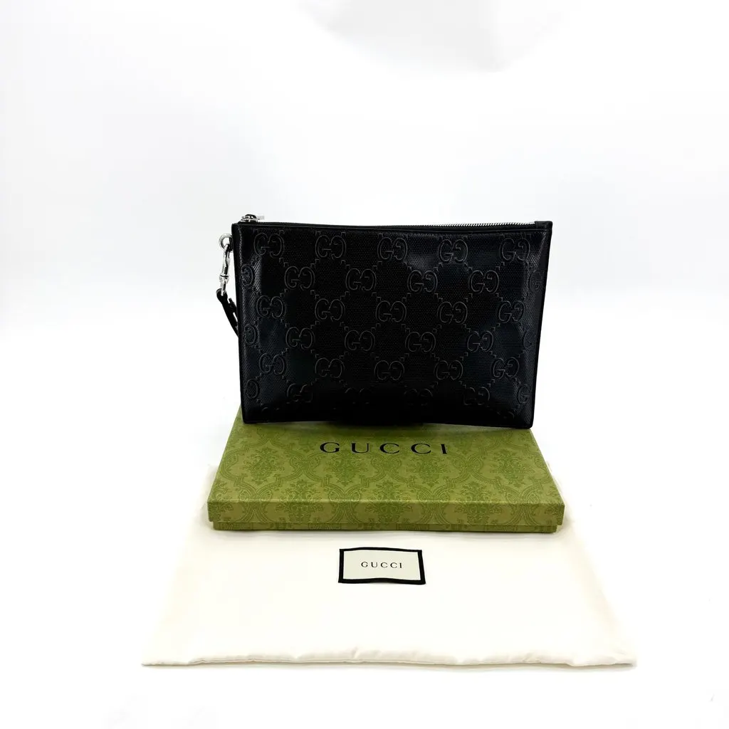 Gucci GG Embossed Pouch Black Black Leather Good - Back View