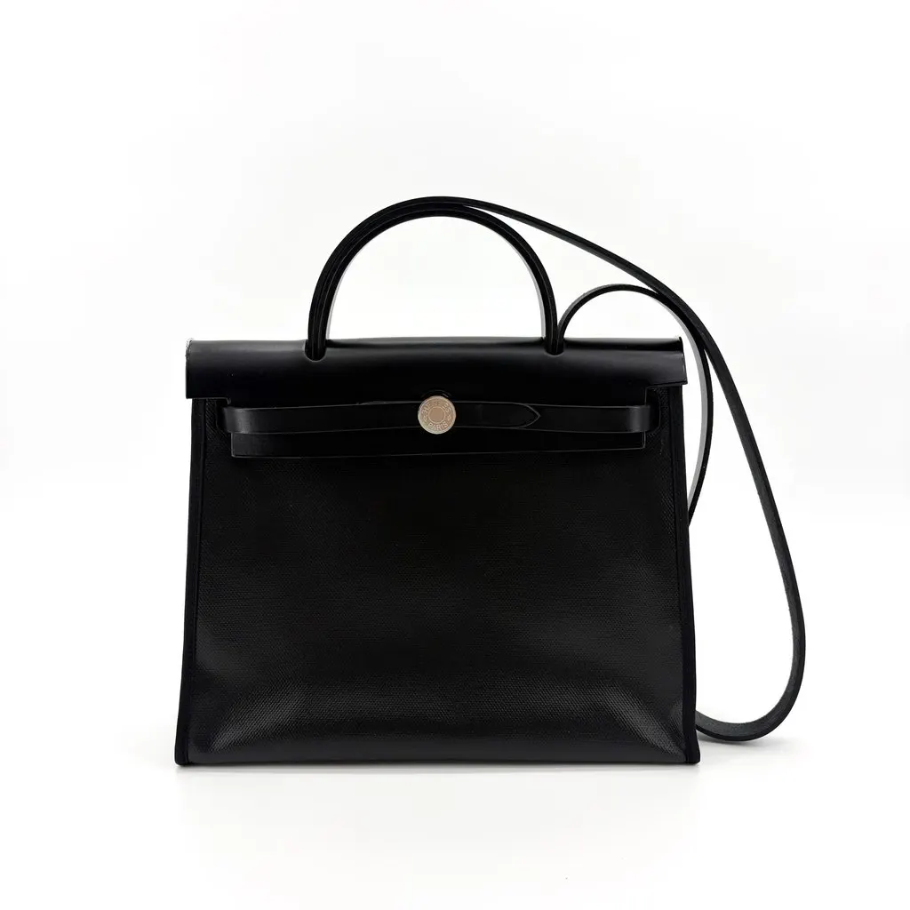 Hermès Herbag Zip 31 Black Ecru Silver Hardware Beige Canvas Very good - Front View