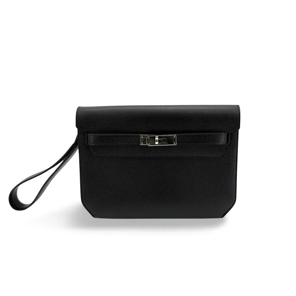 Hermès Kelly Depeche 25 Pouch Black Silver Hardware Black Leather Very good - Front View