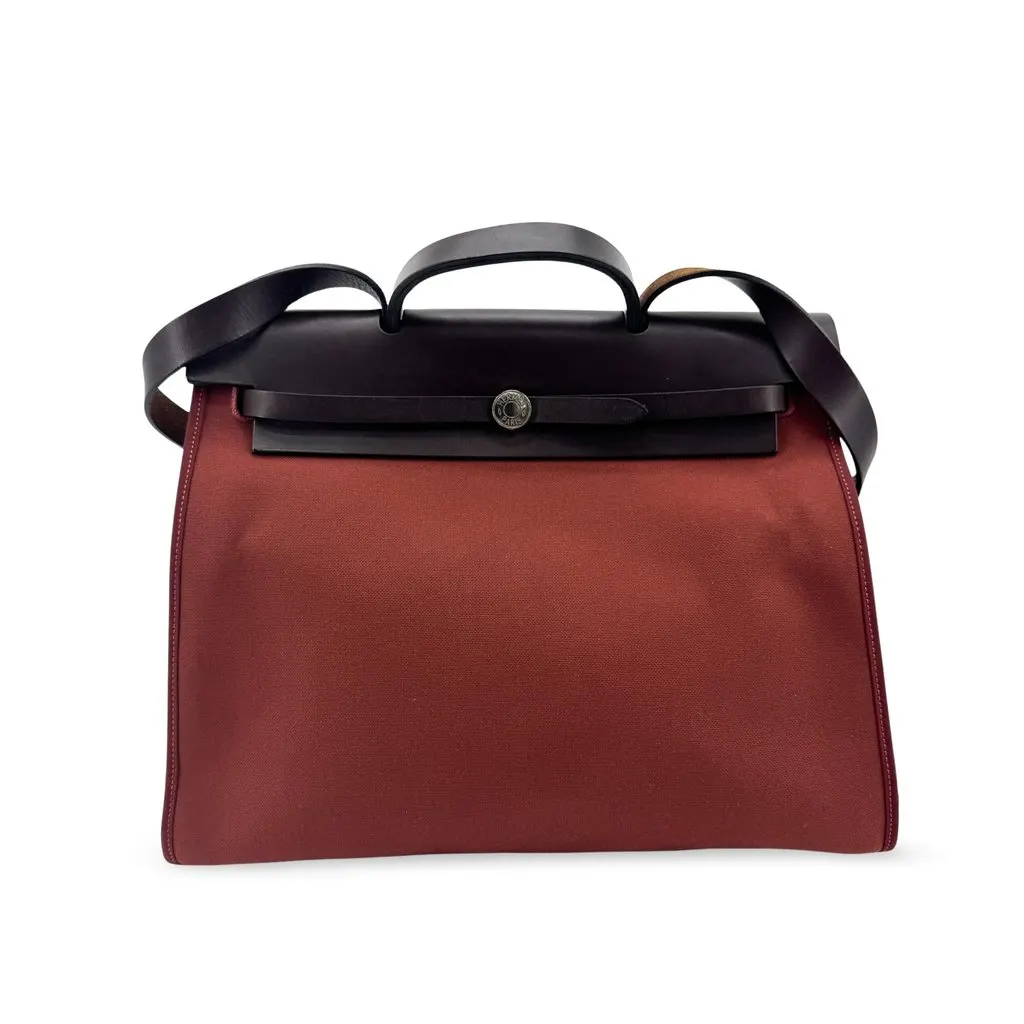 Hermès Herbag 31 PM Burgundy Brown Silver Hardware Brown Canvas Good - Front View