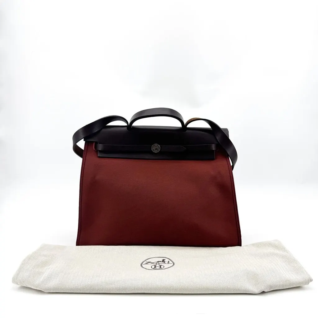 Hermès Herbag 31 PM Burgundy Brown Silver Hardware Brown Canvas Good - Back View