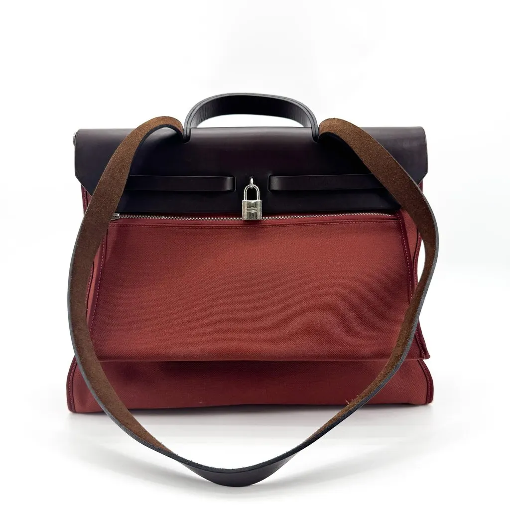 Hermès Herbag 31 PM Burgundy Brown Silver Hardware Brown Canvas Good - Inside View