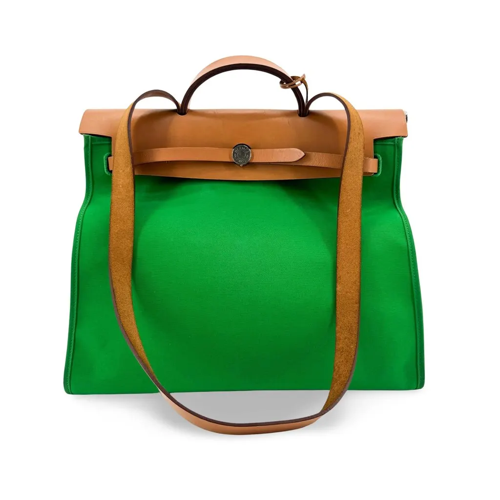 Hermès Herbag 31 Green Natural Brown Canvas Good - Front View