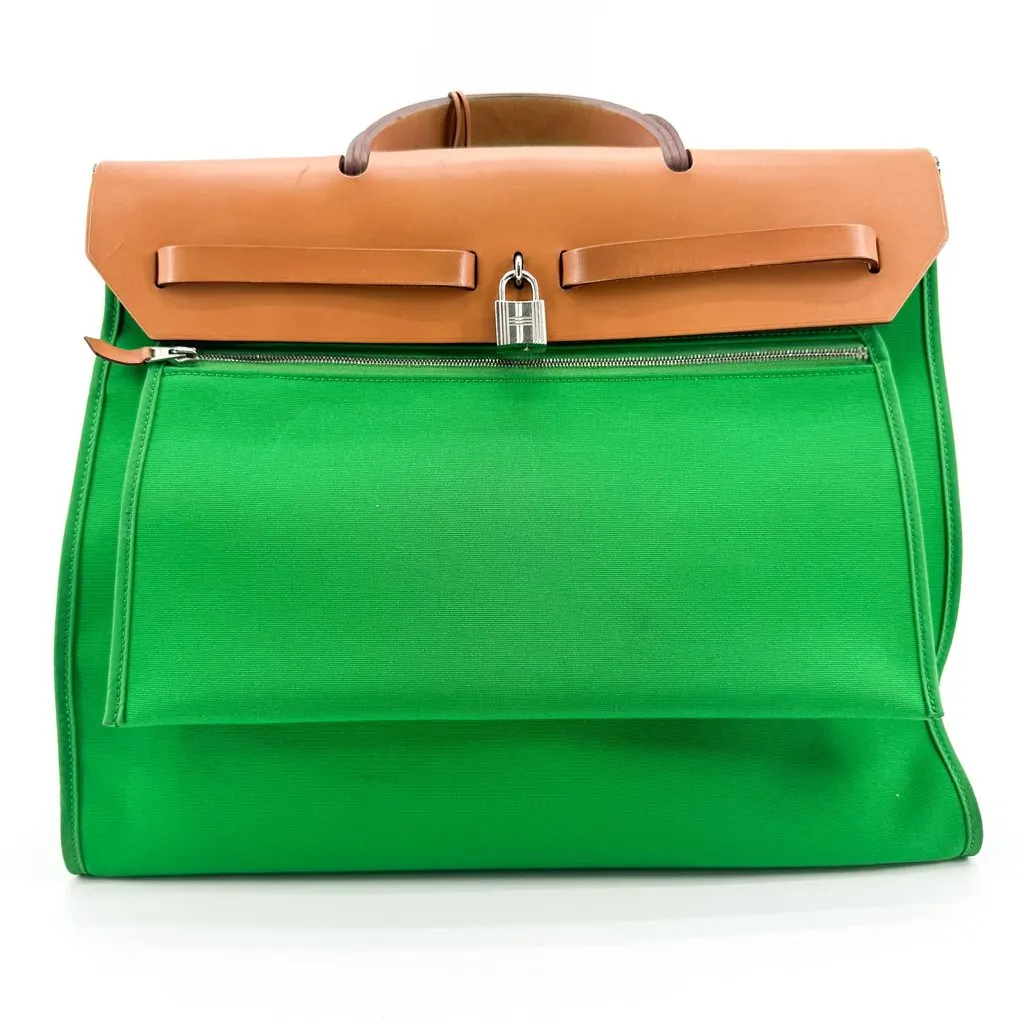 Hermès Herbag 31 Green Natural Brown Canvas Good - Back View