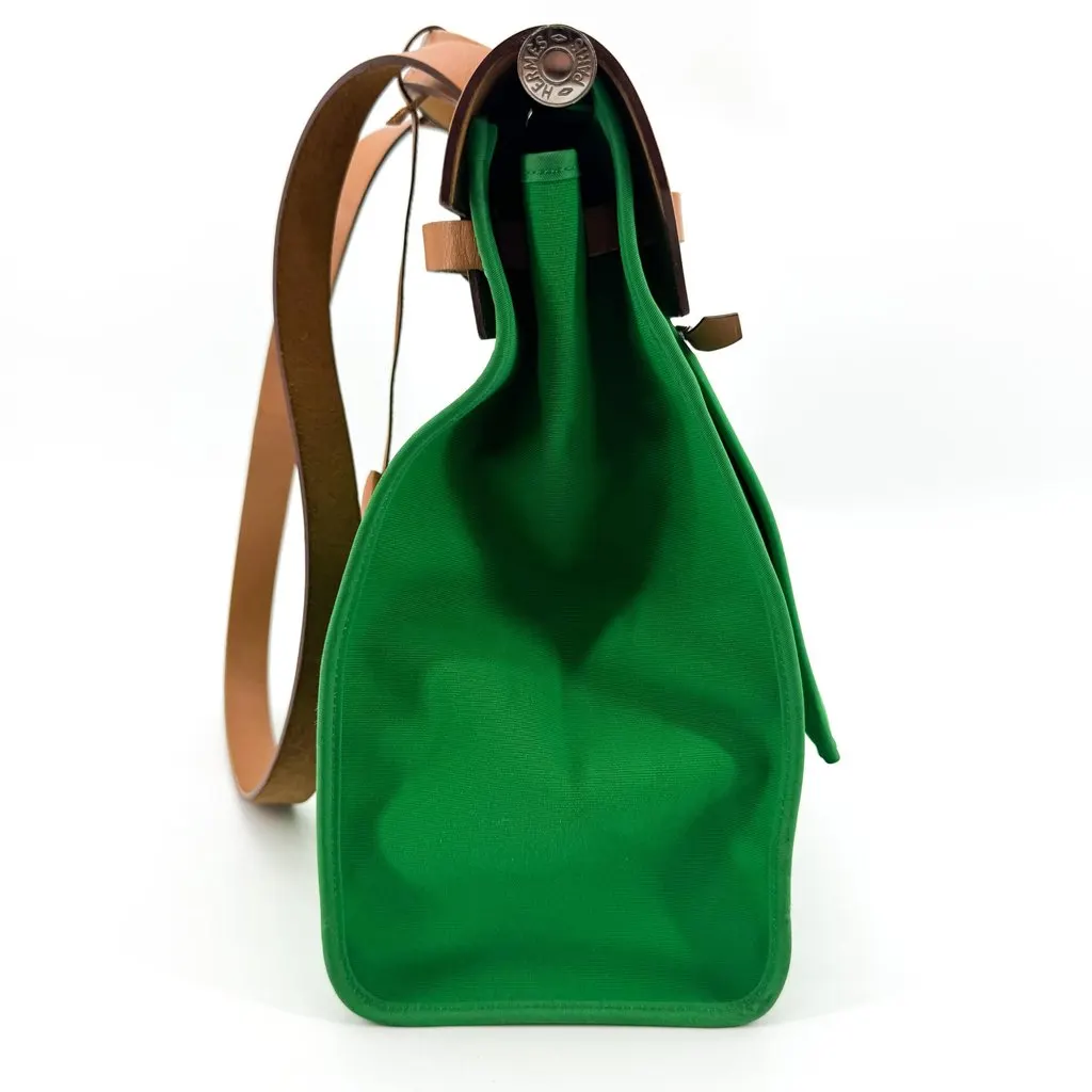 Hermès Herbag 31 Green Natural Brown Canvas Good - Inside View