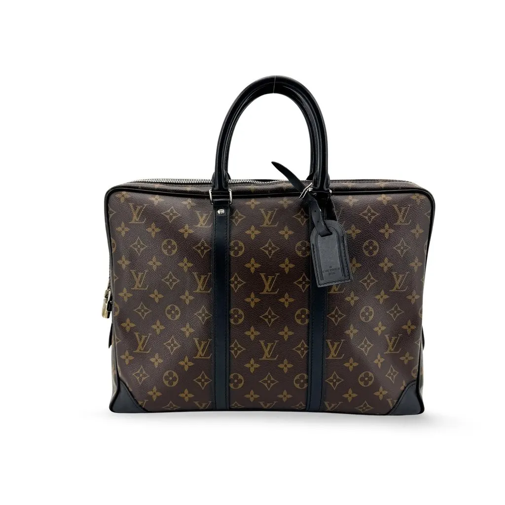Louis Vuitton Monogram Macassar Porte Documents Voyage PM Black Canvas Good - Front View