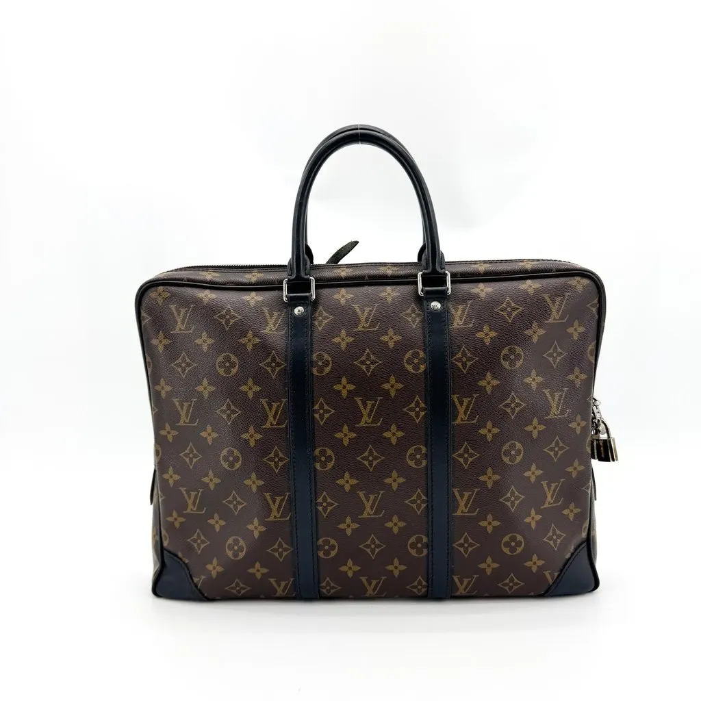 Louis Vuitton Monogram Macassar Porte Documents Voyage PM Black Canvas Good - Back View
