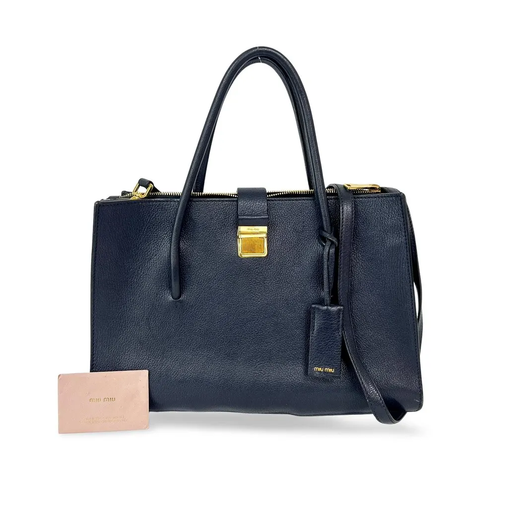 Miu Miu Madras Leather Top Handle Bag Navy Gold Leather Fair - Front View