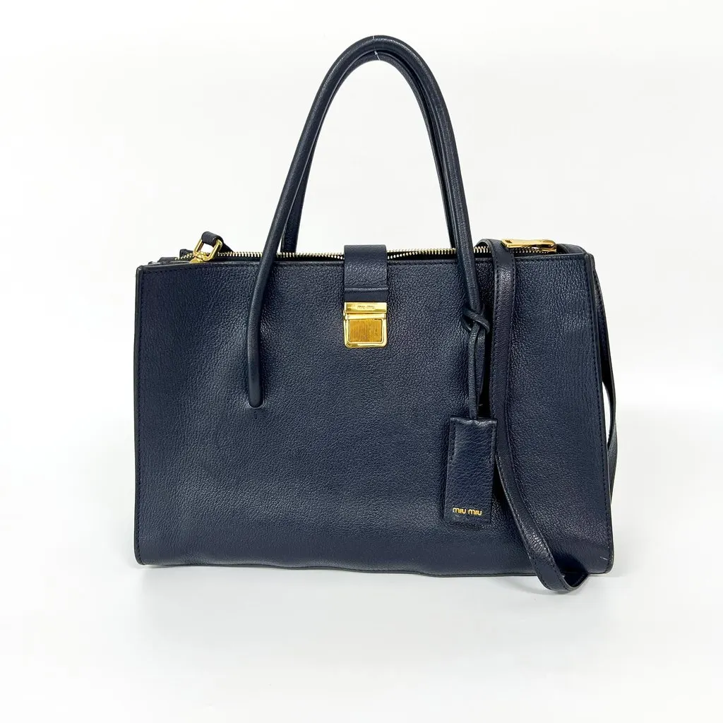 Miu Miu Madras Leather Top Handle Bag Navy Gold Leather Fair - Back View