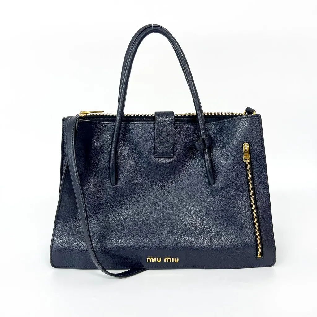 Miu Miu Madras Leather Top Handle Bag Navy Gold Leather Fair - Inside View