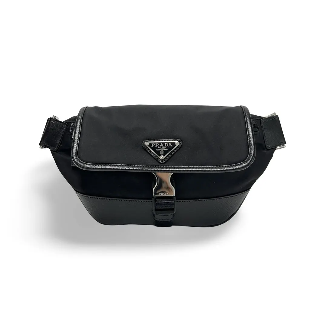 Prada Re-Nylon and Saffiano Leather Slingback (Shoulder Bag) Black Leather Good - Front View