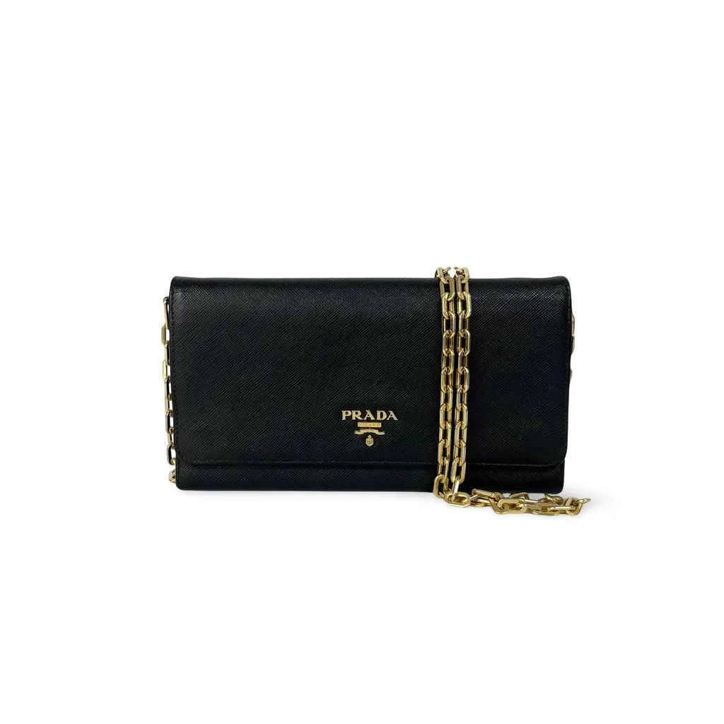 Prada Saffiano Leather Chain Wallet Black Gold Hardware Black Leather Good - Front View