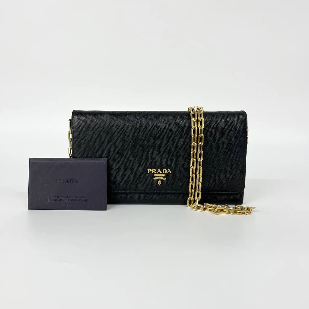 Prada Saffiano Leather Chain Wallet Black Gold Hardware Black Leather Good - Back View