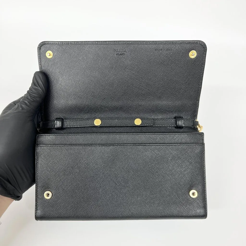 Prada Saffiano Leather Chain Wallet Black Gold Hardware Black Leather Good - Model View