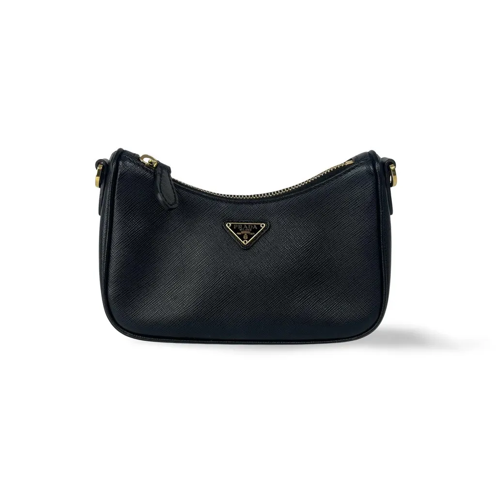Prada Saffiano leather mini bag in black with gold hardware Black Leather Very good - Front View