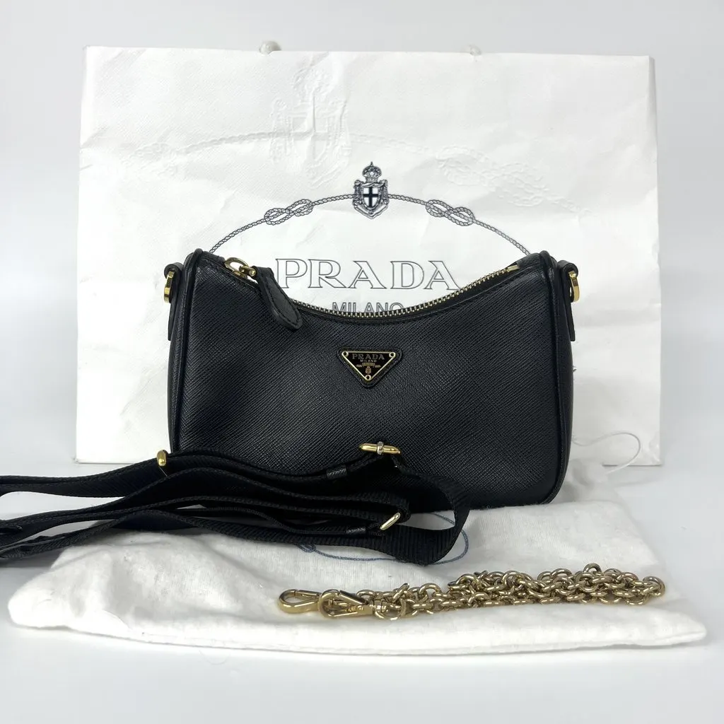 Prada Saffiano leather mini bag in black with gold hardware Black Leather Very good - Back View