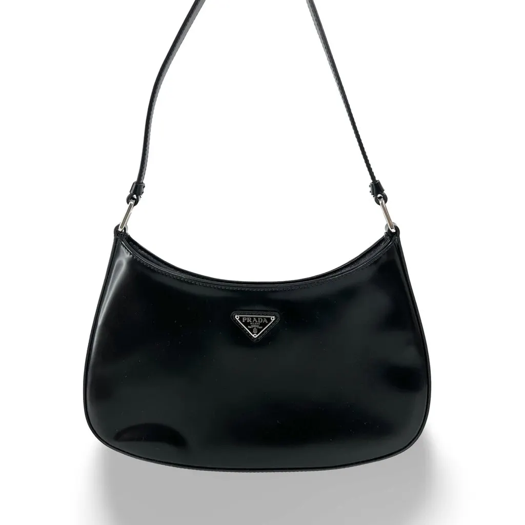 Prada Cleo Brushed Leather Shoulder Bag Black Black Leather Very good - Front View