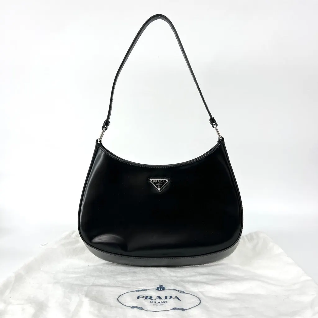 Prada Cleo Brushed Leather Shoulder Bag Black Black Leather Very good - Back View