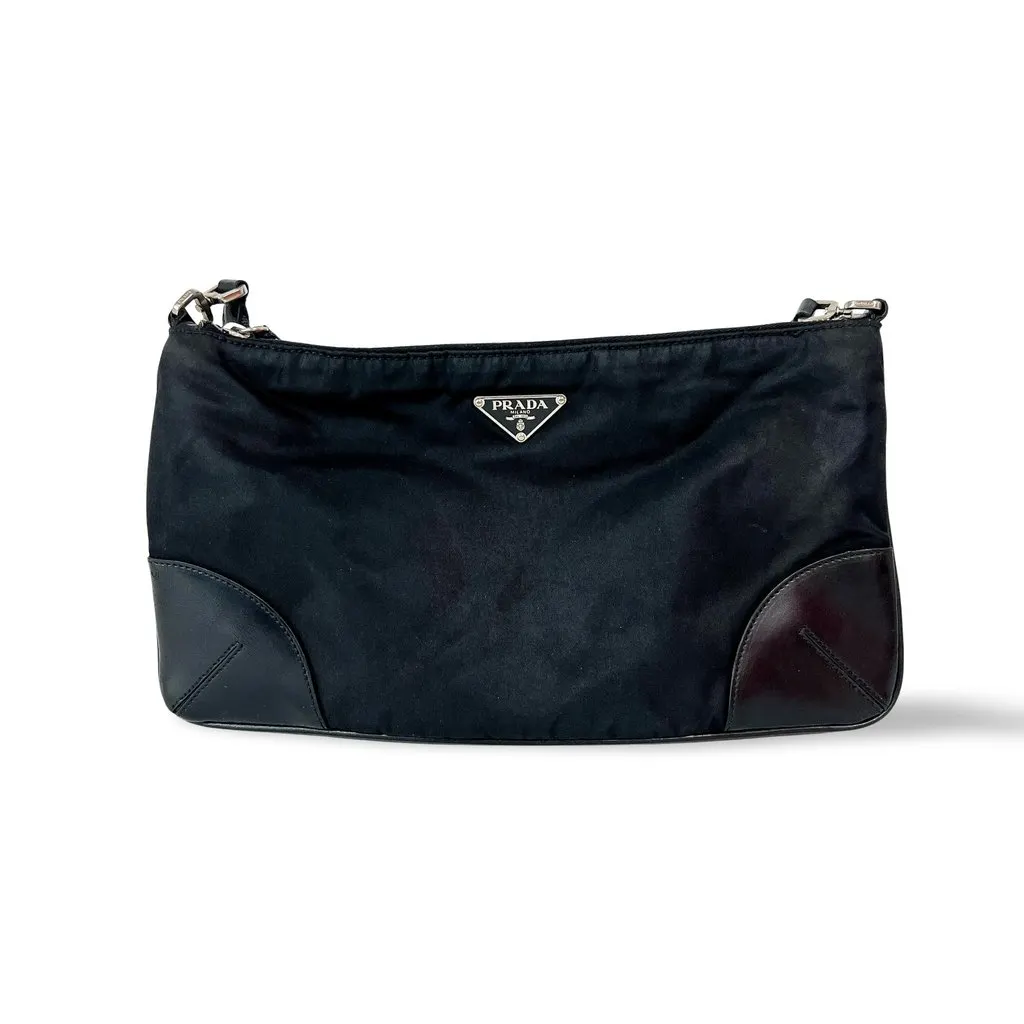 Prada Tessuto Nylon Leather Corner Shoulder Bag Black Black Polyamide Good - Front View