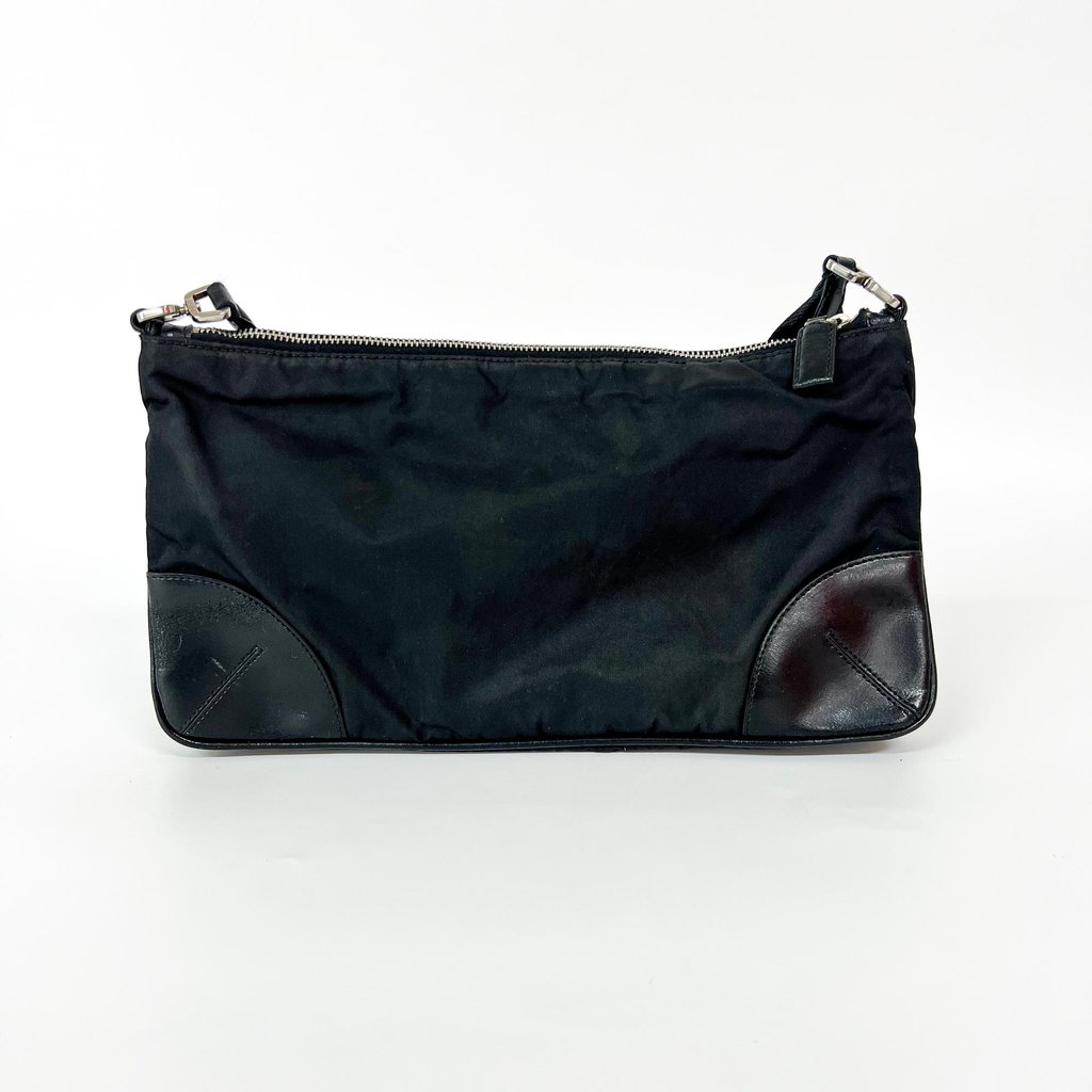 Prada Tessuto Nylon Leather Corner Shoulder Bag Black Black