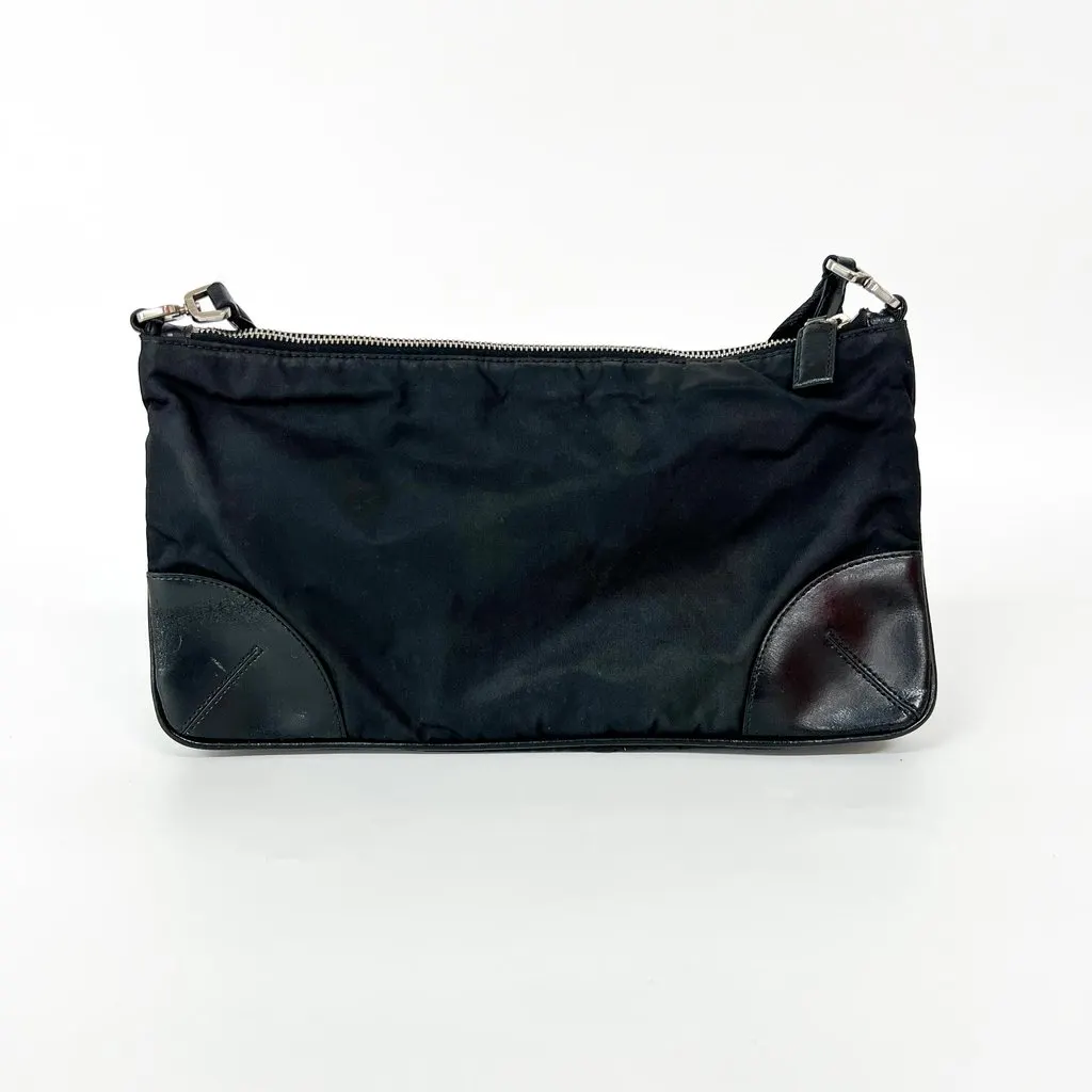 Prada Tessuto Nylon Leather Corner Shoulder Bag Black Black Polyamide Good - Back View