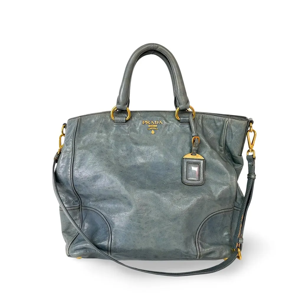 Prada Vitello Shine Leather Tote Bag Blue Blue Leather Good - Front View