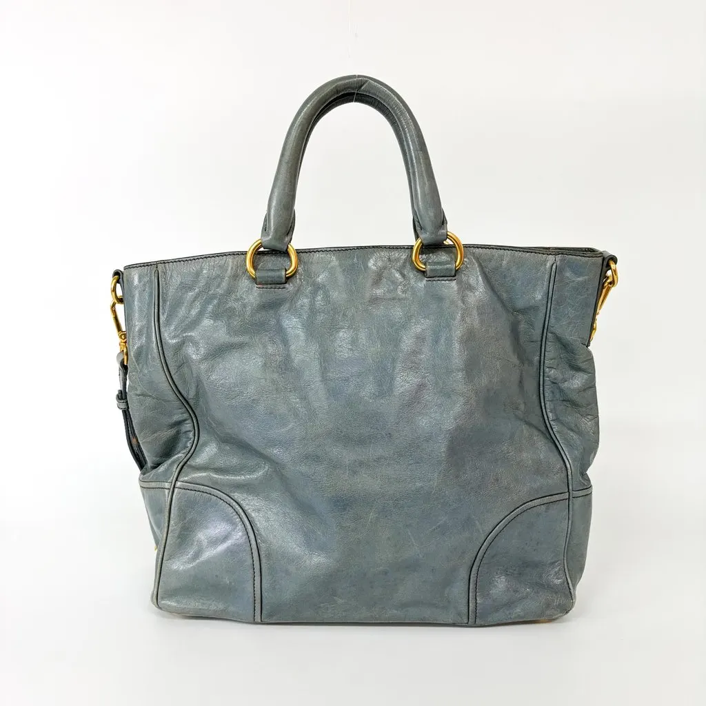 Prada Vitello Shine Leather Tote Bag Blue Blue Leather Good - Back View