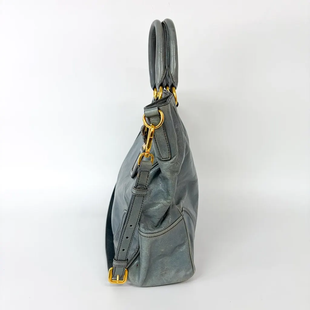 Prada Vitello Shine Leather Tote Bag Blue Blue Leather Good - Inside View