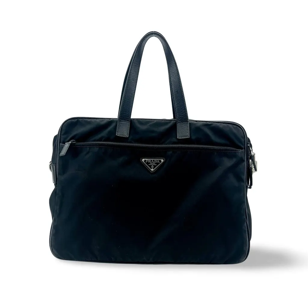 Prada Tessuto Nylon Saffiano Briefcase Black MultiColor Polyamide Good - Front View
