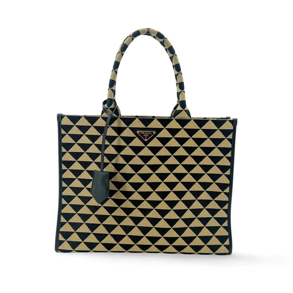 Prada Symbol Embroidered Fabric Large Tote Bag Black Beige MultiColor Leather Very good - Front View