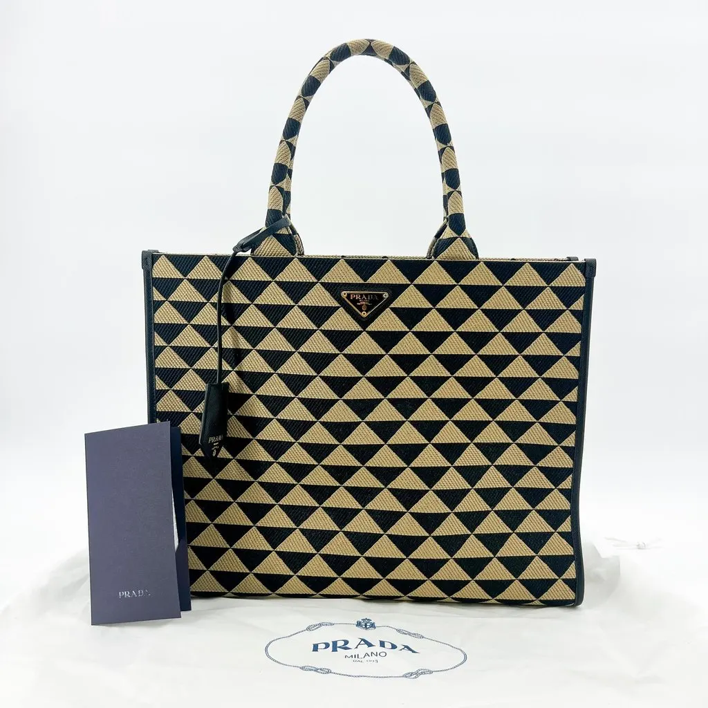 Prada Symbol Embroidered Fabric Large Tote Bag Black Beige MultiColor Leather Very good - Back View