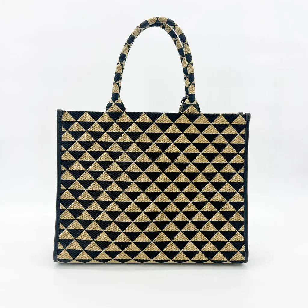 Prada Symbol Embroidered Fabric Large Tote Bag Black Beige MultiColor Leather Very good - Inside View