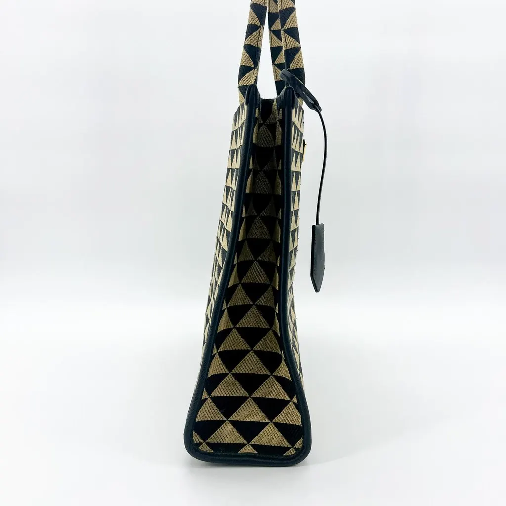 Prada Symbol Embroidered Fabric Large Tote Bag Black Beige MultiColor Leather Very good - Model View