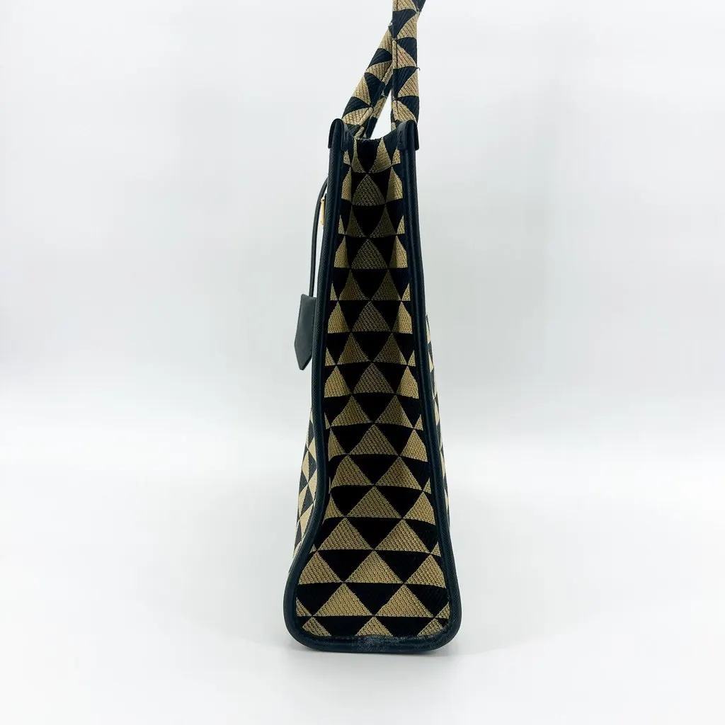 Prada Symbol Embroidered Fabric Large Tote Bag Black Beige MultiColor Leather Very good - Box View