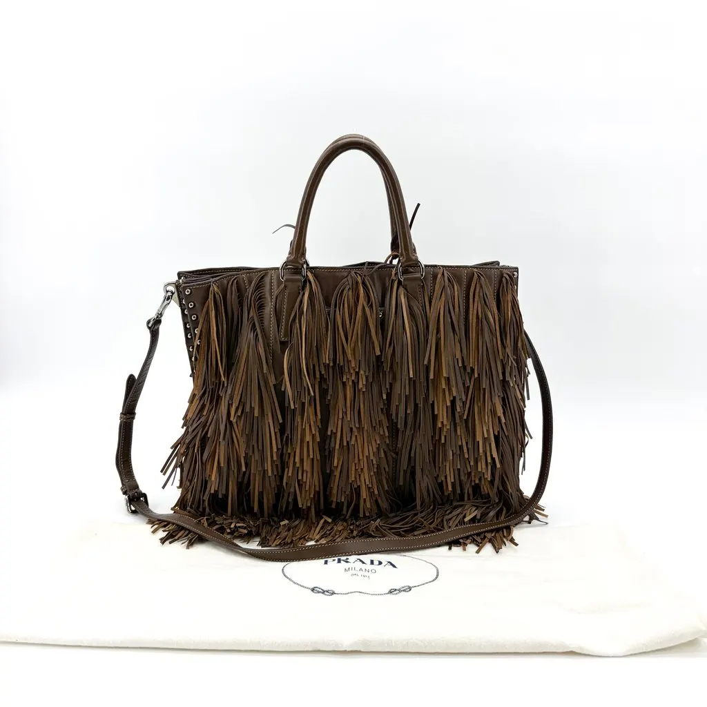 Prada Vitello Daino Fringe Tote Bag Brown Brown Leather Very good - Back View