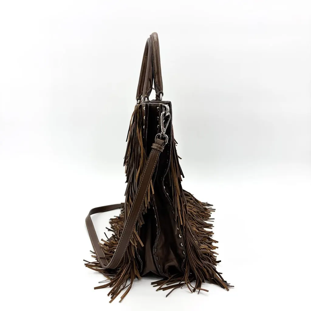 Prada Vitello Daino Fringe Tote Bag Brown Brown Leather Very good - Model View