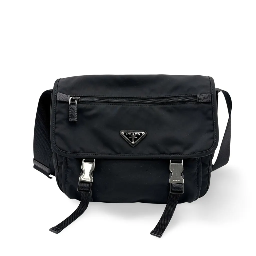 Prada Re-Nylon and Saffiano Leather Messenger Bag Black Black Polyamide Good - Front View